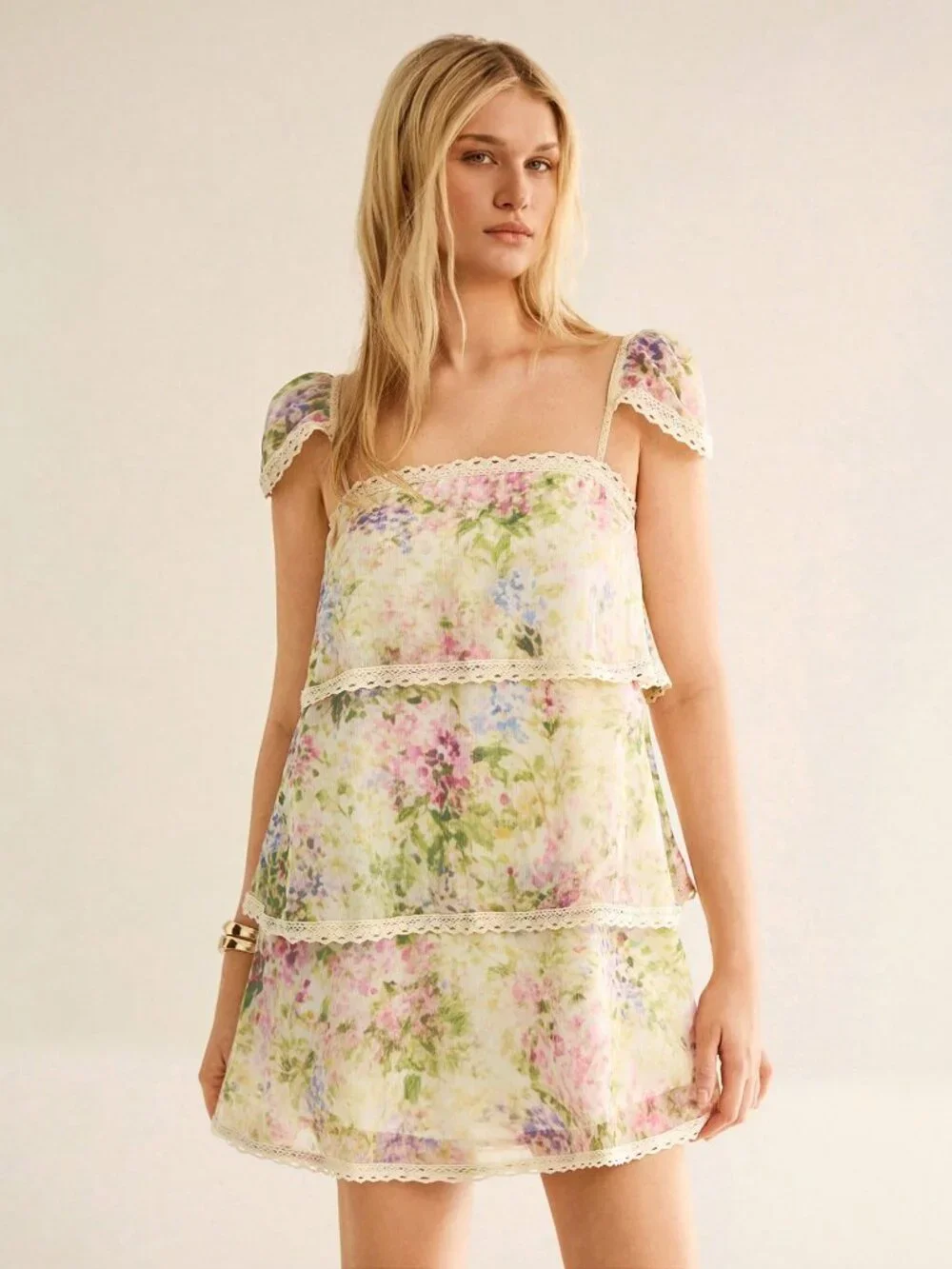 Multicolor Boho Women's Floral Print Lace Patchwork Lace Trim Ruffle Mini Dress - Picture 6 of 7